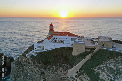 Aerial from the lighthouse Cabo Vicente in Sagres Portugal at sunset