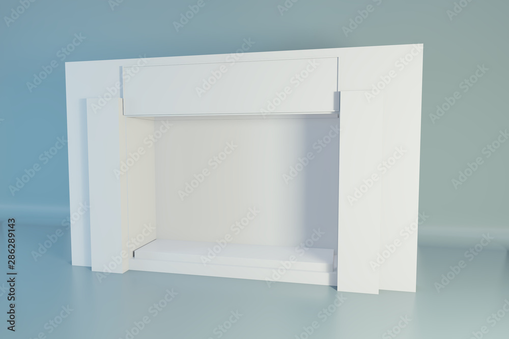 White Storefront blank showcases. Empty new shop interior, clean signboard copy space. 3d rendering. White Storefront blank showcases. Empty new shop interior, clean signboard copy space. 3d rendering.