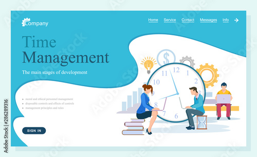 People working with projects in time vector, man and woman with laptops and data. Lady sitting on books, clock and gears process symbol text. Website about time managment flat style