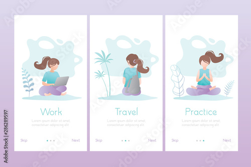 Set of three banners or application pages template.Work,travel and practice