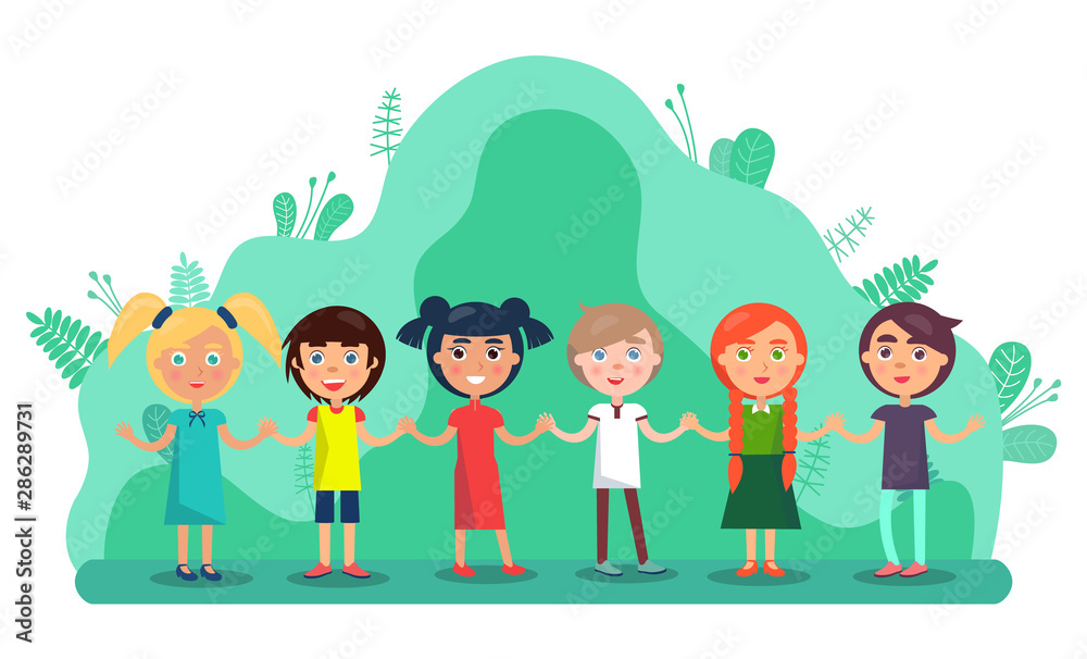 Group of children holding hands and smiling. Full length view of cute little kids in colourful clothes standing together in park. Friendship and childhood vector. Flat cartoon