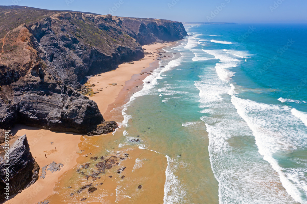 Aerial from the beach at Praia Vale Figueiras in Portugal