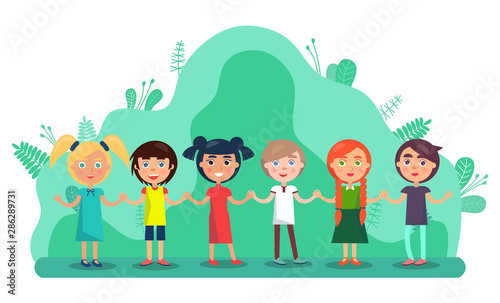 Group of children holding hands and smiling. Full length view of cute little kids in colourful clothes standing together in park. Friendship and childhood vector. Flat cartoon