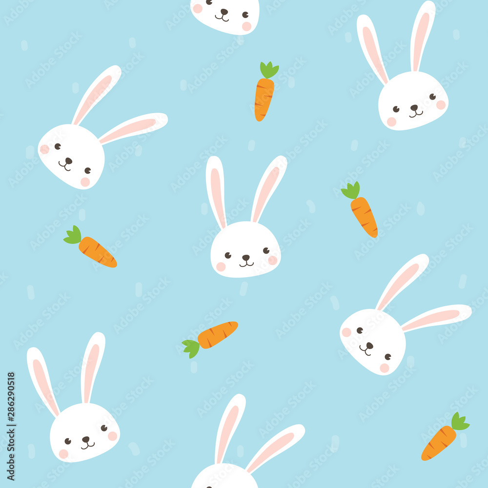 Cute Rabbit character with Carrot Seamless pattern on sky blue background. Vector illustration for Easter Day invitation, banner, poster, card, background. Cute Rabbit character with Carrot Seamless pattern on sky blue background. Vector illustration for Easter Day invitation, banner, poster, card, background.