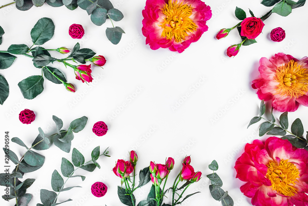 Fototapeta Beautiful sprigs of eucalyptus, peonies and roses on white background, top view.