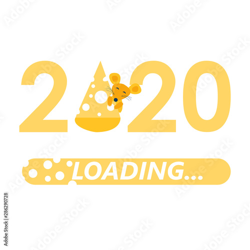 Loading bar 2020. New Year loading. Funny cute Mouse, rat and cheese slice. Greeting card. Template brochures, flyers. Vector illustration in a flat cartoon style.