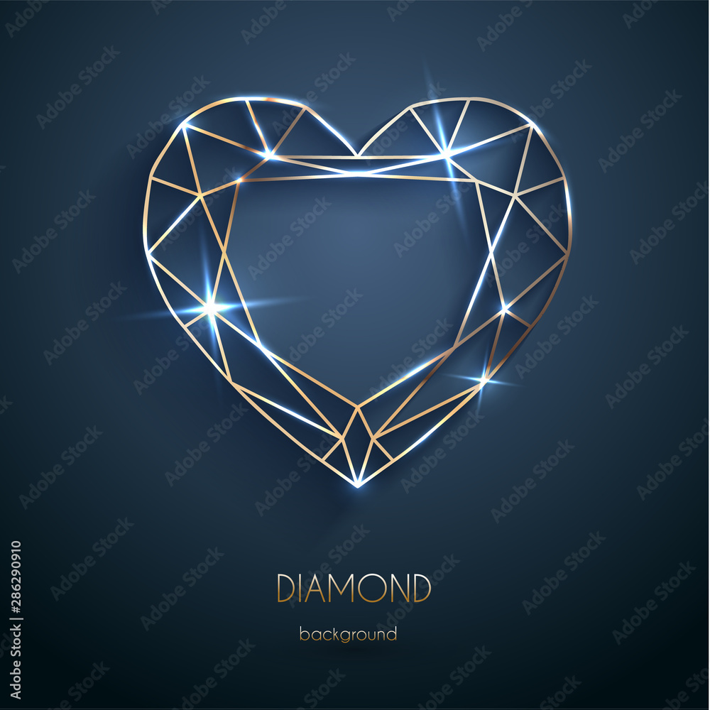 Abstract luxury template with golden heart-shaped diamond outline