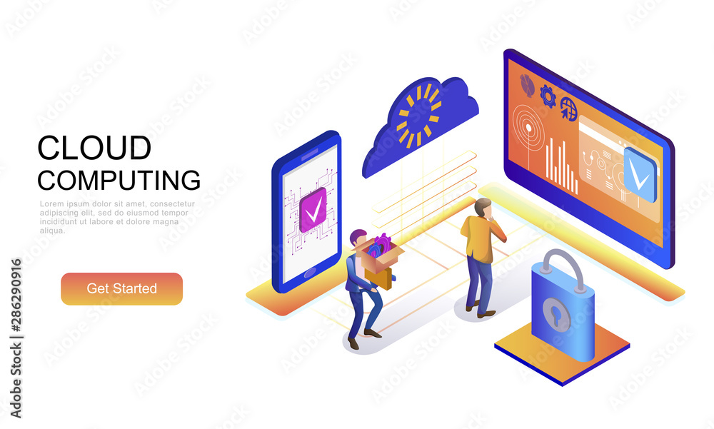 Modern flat design isometric concept of Cloud Technology decorated people character for website and mobile website development. Isometric landing page template. Vector illustration.