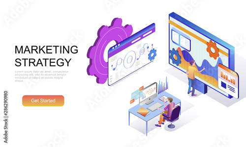 Modern flat design isometric concept of Marketing Strategy decorated people character for website and mobile website development. Isometric landing page template. Vector illustration.
