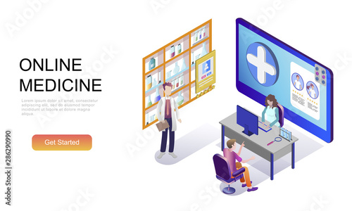 Modern flat design isometric concept of Medicine and Healthcare decorated people character for website and mobile website development. Isometric landing page template. Vector illustration.