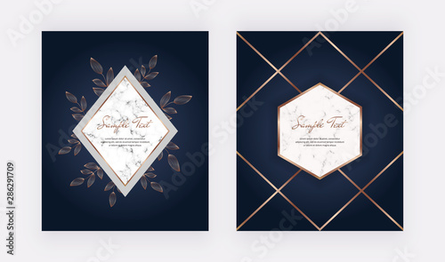 Luxury geometric cover design with marble frames, golden lines and leafs on the dark blue background. Template for wedding invitation, blog posts, banner, card, save the date, poster, flyer	