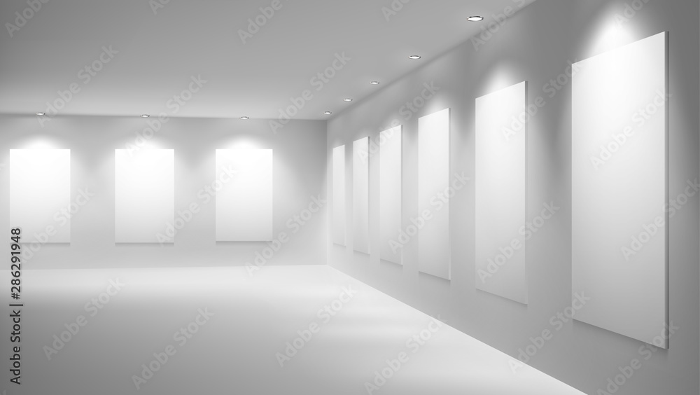 Blank, white posters, banners or paintings frames, illuminated with bright lamps on ceiling, hanging on walls in modern art gallery realistic vector. Museum empty exhibition hall interior illustration