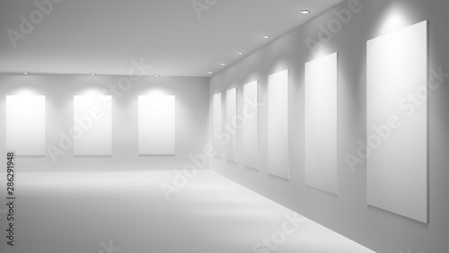 Blank, white posters, banners or paintings frames, illuminated with bright lamps on ceiling, hanging on walls in modern art gallery realistic vector. Museum empty exhibition hall interior illustration photo