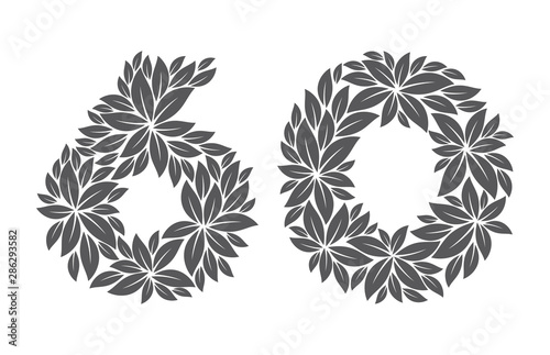 Vector 60 years anniversary leafs stylized. Isolated on white background  