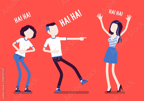 Friends joking and laughing. Happy girls and young boy enjoy together funny friendly jokes, enjoyment, amusement, deep hearty belly laugh with positive humor. Vector illustration, faceless characters