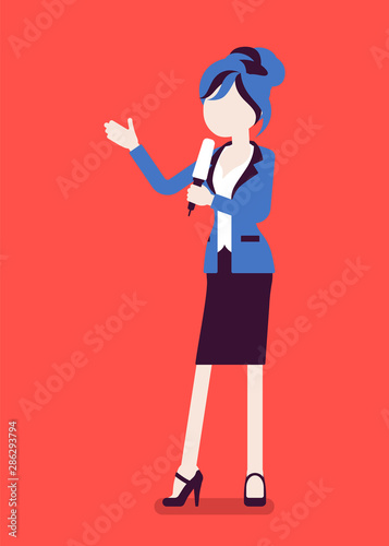 News presenter, female newsreader, newscaster broadcasting. Young woman with Tv interview microphone, anchorman standing presenting breaking news, information. Vector illustration, faceless character