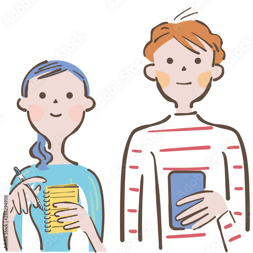 スマホとノートを持ちコミニュケーションするカップル　イラスト