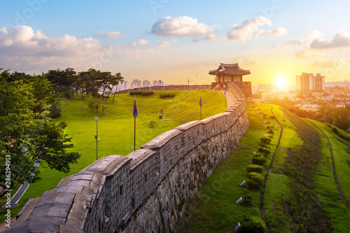 Korea landmark and park after sunset, Traditional Architecture at Suwon, Hwaseong Fortress in Sunset, South Korea. photo