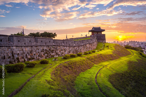 Korea landmark and park after sunset, Traditional Architecture at Suwon, Hwaseong Fortress in Sunset, South Korea. photo