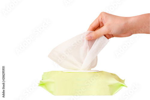 Closeup, woman hand holding a wet wipes in package box isolated on white background with clipping path, healthcare, people and medicine concept.