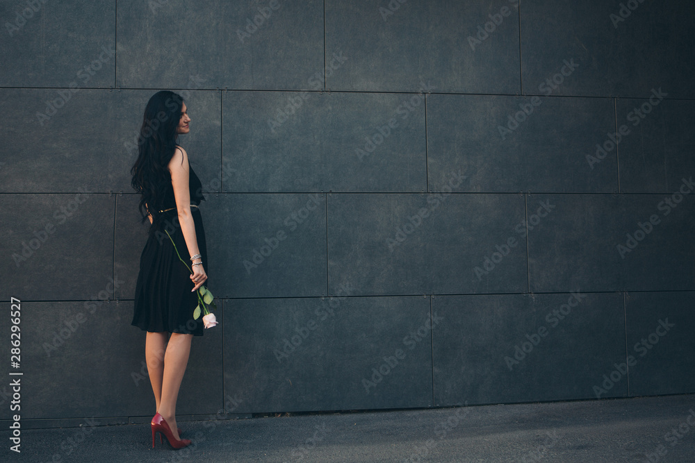 Fototapeta premium a beautiful brunette in a black dress and red shoes with a rose in her hands. Woman advertises accessories, clothes, shoes