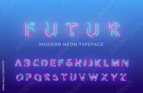 Neon light alphabet font. Glowing neon colored 3d modern alphabet typeface