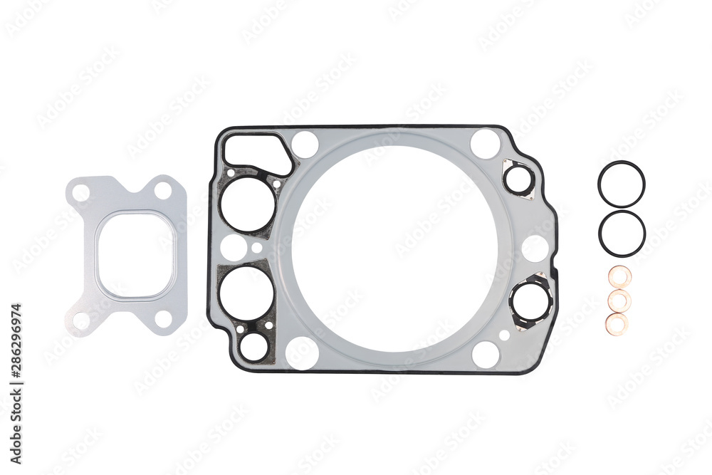 Set of car gaskets with rubber rings isolated on white background. Top view Set of car gaskets with rubber rings isolated on white background. Top view
