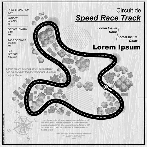 White laminate and parquet background with wooden texture and city map with race circuit road silhouette