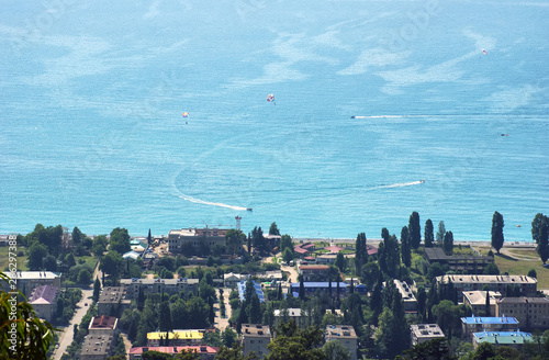 Paragliding over the coastal town. Abkhazia. Gagra.