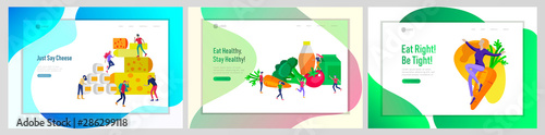 Landing page template with Happy People with vegetable and healthy food, jumping and dansing. Veggie recipe, vegetarian diet and detox concept, eco friendly lifestyle. Colorful