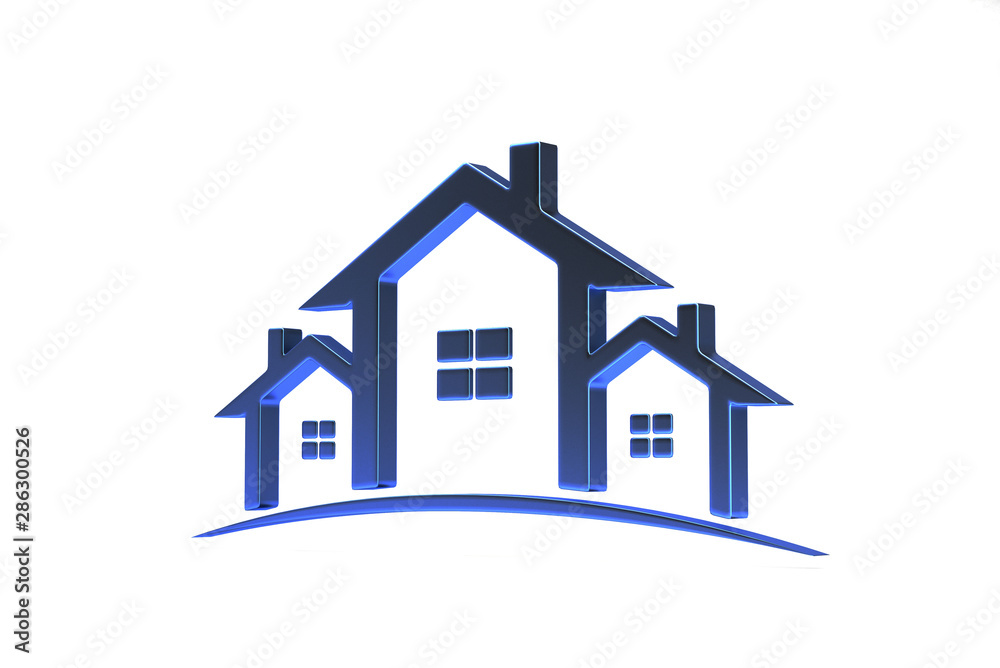 Real Estate Houses Isometric Logo Design blue color. 3D Rendering Illustration