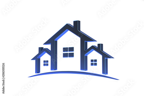 Real Estate Houses Isometric Logo Design blue color. 3D Rendering Illustration