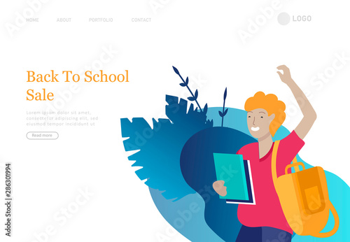 Landing page template with Happy school children joyfully jumping and laughing. Concept of happiness, gladness and fun. Vector illustration for banner