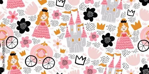 Dekoracja na wymiar  childish-seamless-pattern-with-princess-castle