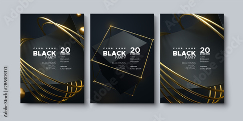 Electronic music festival. Modern posters design. Black party invitation. Abstract background. Black geometric bended layers with gold metallic rings. Vector illustration. Club invitation template.