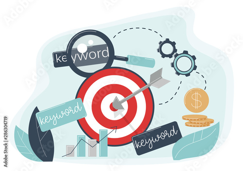 Keyword targeting concept. The arrow hit the target. Advertising settings for the target audience for certain key phrases.
