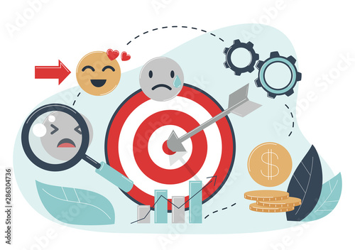 Emotional targeting concept. Arrow hit target, gears spin. Advertising emotions settings for target market, audience.