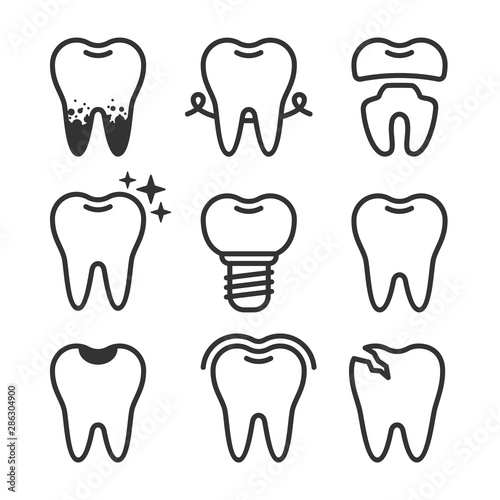 Cute teeth line style set with different tooth conditions. Healthy and bad teeth. Flat vector tooth isolated illustration.