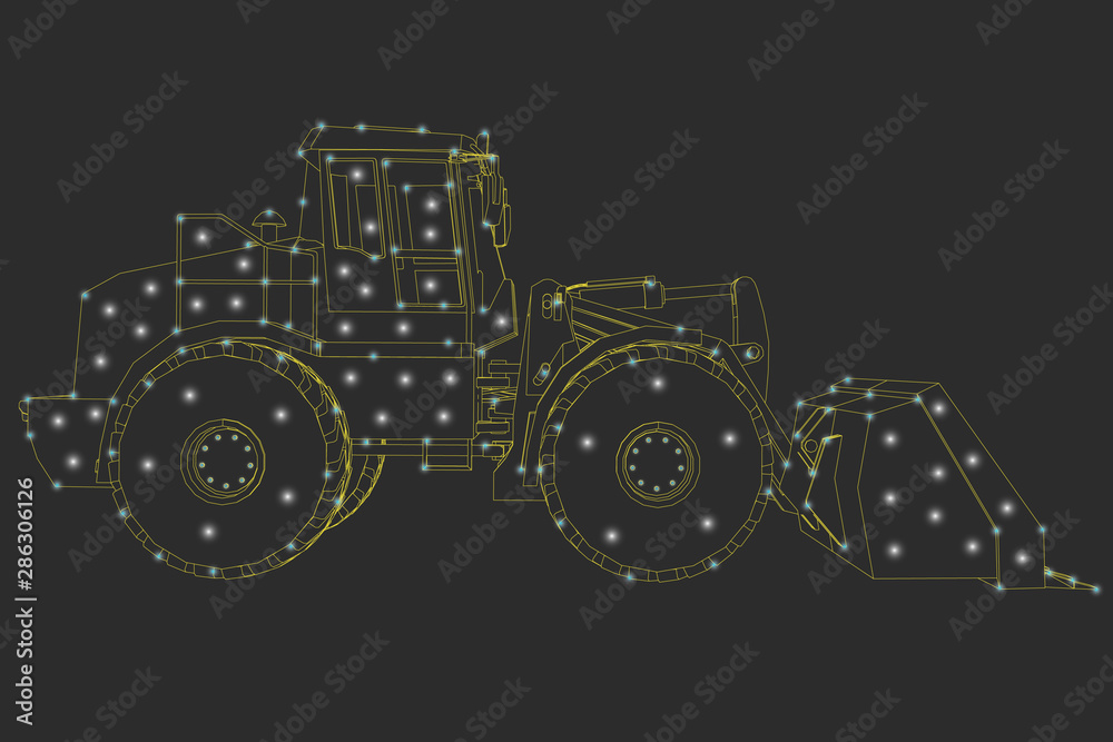 Outline of a bulldozer from yellow lines on a dark background. Side view. Vector illustration.