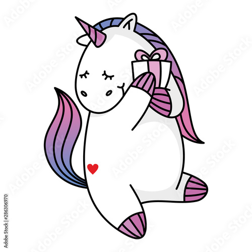 cute unicorn character with a gift in his hands. Print for baby clothes. Vector illustration © art_rich