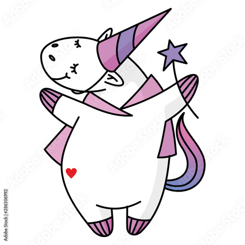 cute unicorn character with a magic wand in hands. Print for baby clothes. Vector illustration