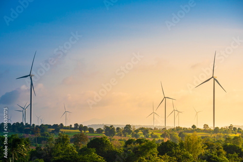 Green energy concept, eco power. Wind turbine located along the hill with the wind blowing all the time. Can produce renewable energy as well. Considered a clean energy.