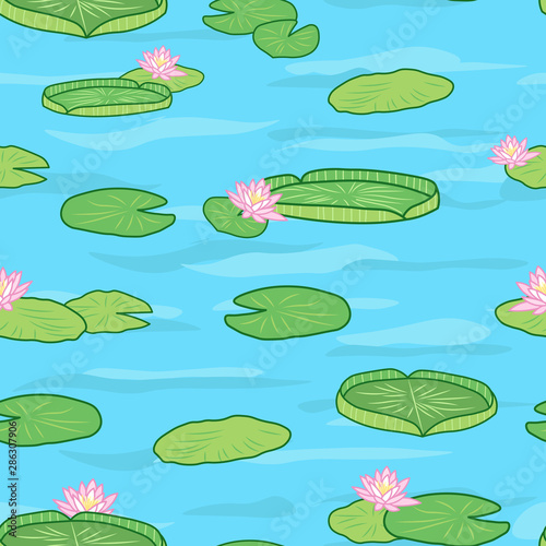 cartoon pond with beautiful water lily blossom and lotus, vector seamless pattern. Perfect for kids apparel, fabric, textile, nursery decoration