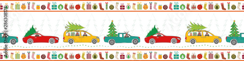 Holiday border design with cartoon reindeer, trucks, cars, Christmas trees and gifts in traditional colors. Seamless vector pattern on white background. Great for stationery, banners, graphic design