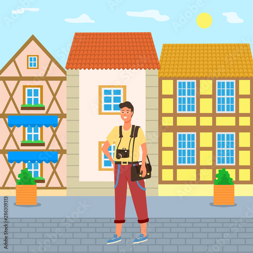 Male photographer standing in front of building facades. Tourist with camera exploring city and taking photos of architecture vector illustration. Flat cartoon