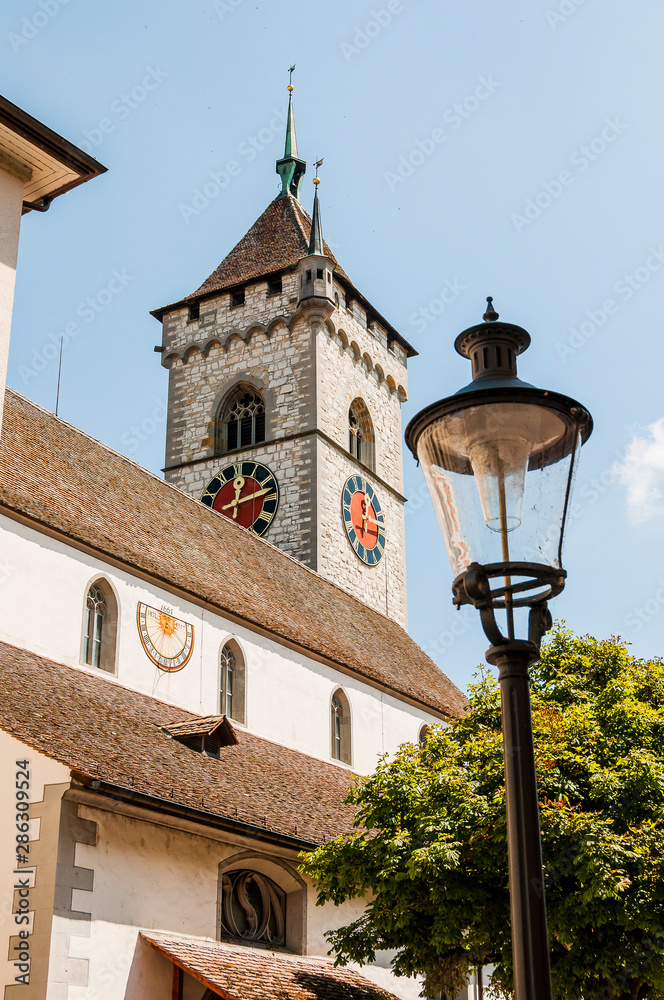 Schaffhausen, St. Johann, Kirche, Kirchturm, Altstadt, Gassen, Strassenlaterne, Rhein, Ostschweiz, Sommer, Schweiz