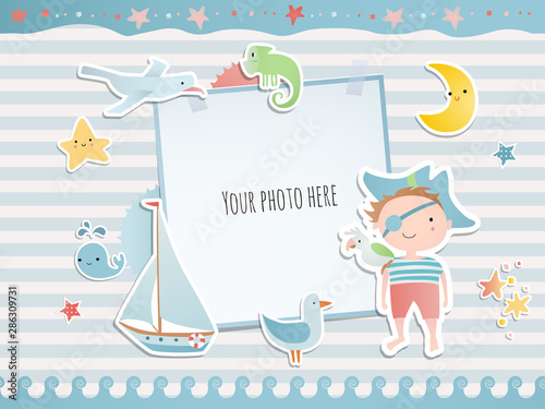 Holiday card design with pirate and boat. Baby shower. Paper, scrapbook.