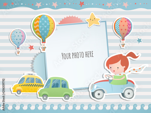 Holiday card design with  a girl driving a car.  Baby shower. Paper, scrapbook. 