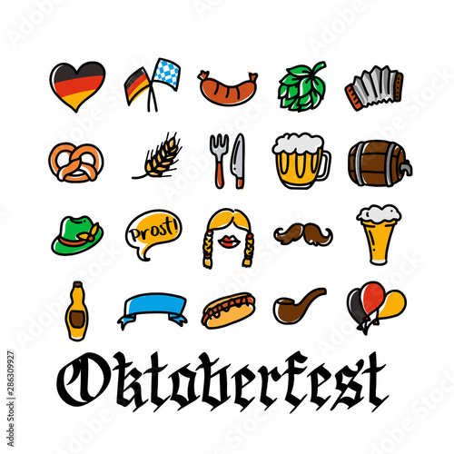 Vector hand drawn Oktoberfest icons for holiday poster, invitation, autumn Bavarian festival of beer banner, photo booth, German culture materials, accessories for festival and party, squeezebox
