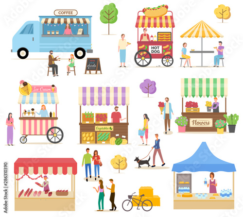 Marketplace set, retail of meat, milk products, vegetables and flowers. Coffee bus, hotdog and ice-cream cart, people buying and eating food vector. Flat cartoon